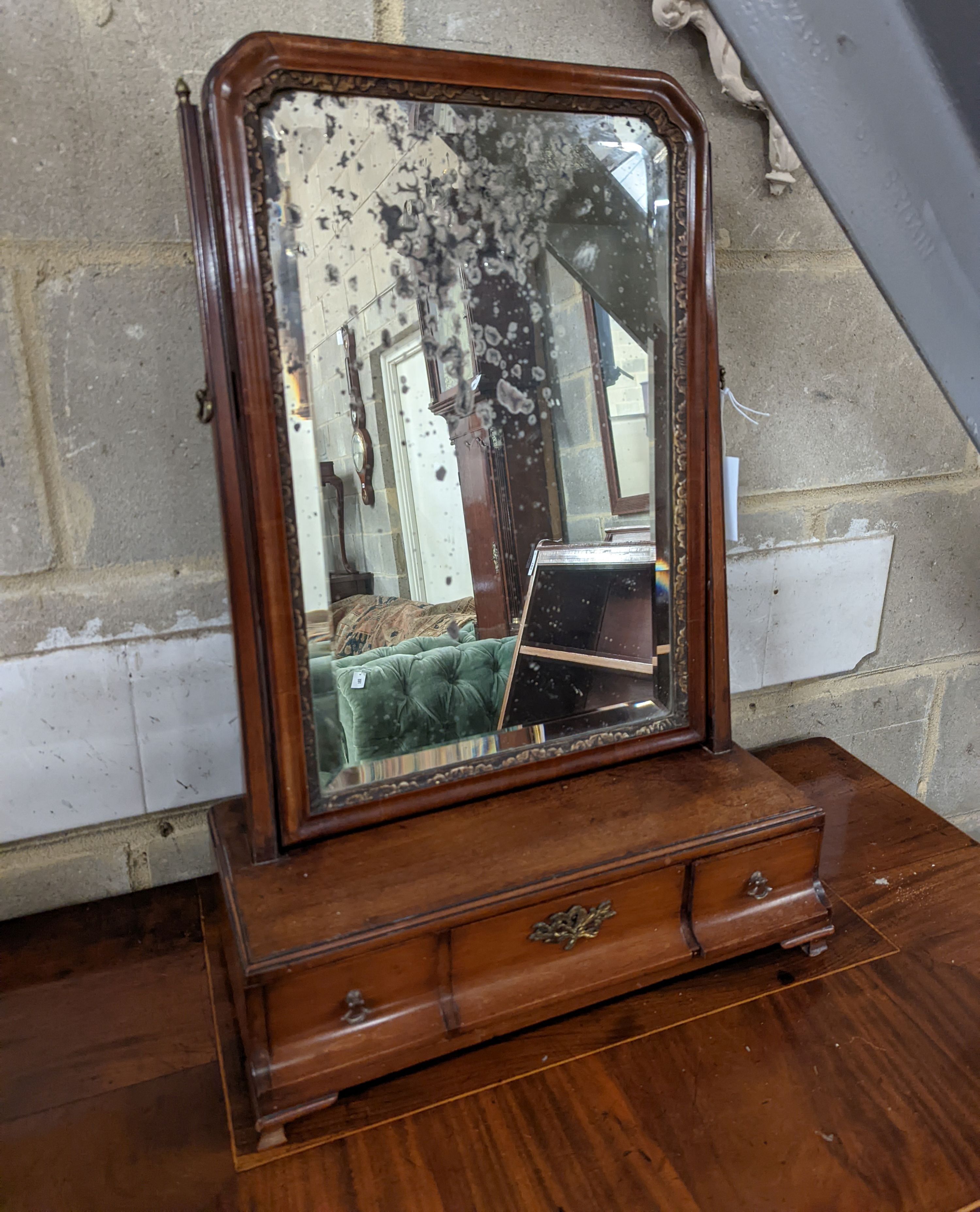 An 18th century mahogany box base toilet mirror, width 43cm, depth 20cm, height 63cm